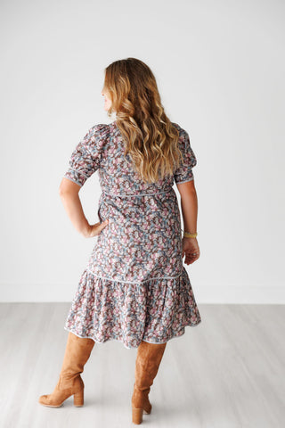 Brown Floral Print Midi Dress