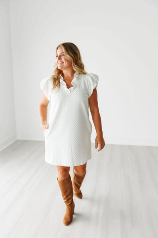 Knit Textured Dress with Ruffle Neck and Puff Sleeves