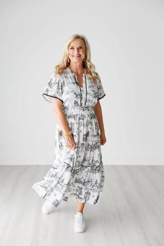 Black and White Toile Tiered Maxi Dress