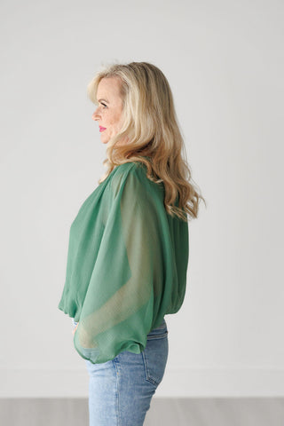 Leaf Green Dolman Sleeve Split Neck Top with Elasticized Hem