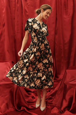 Black Floral Velvet Shirred Waist Midi Dress