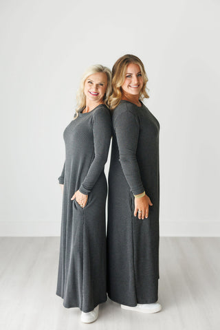 Stretch Ribbed Long Sleeve Comfy Dress with Pockets - Harlynn & Gray