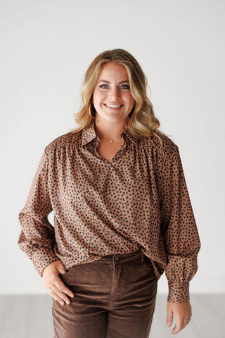 Brown Ditzy Leopard Balloon Sleeve Blouse - Harlynn & Gray