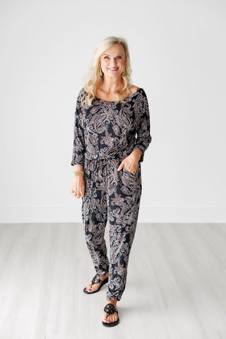 Black Paisley Wide Neck 3/4 Sleeve Jumpsuit with Tie Waist