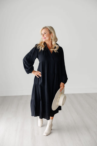 Black Gauze Long Sleeve V-Neck Tiered Maxi Dress - Harlynn & Gray