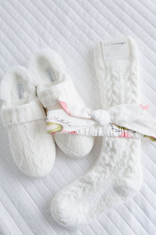 PJ SALVAGE Ivory White Chenille Cozy Cable Slippers