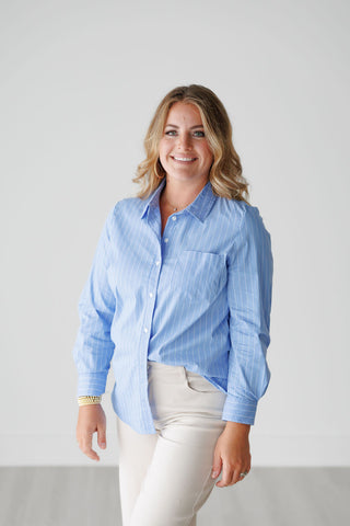 Liverpool Blue Classic Fit Button Front Striped Poplin Shirt