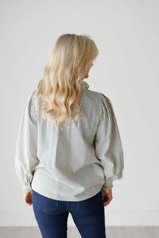 Striped High-Neck Long Sleeve Top with Ruffle Detail