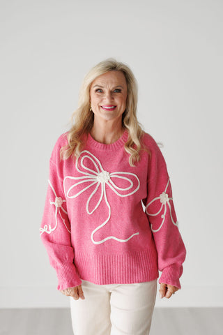 Pink Sweater with Ecru Bow Adorned Detail