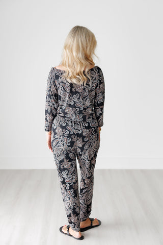 Black Paisley Wide Neck 3/4 Sleeve Jumpsuit with Tie Waist