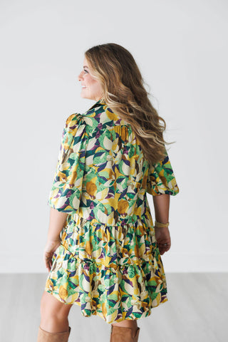 Fall Colors Geometric Print Satin Tiered Dress