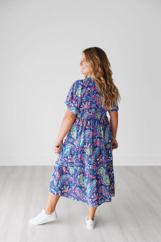 Blue Paisley Tiered Midi Dress with Plunge Neckline