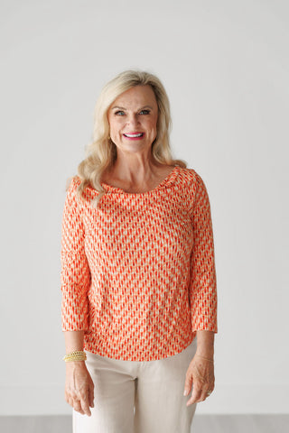 LIVERPOOL Orange Print Three Quarter Sleeve Cowl Neck Knit Top - Harlynn & Gray