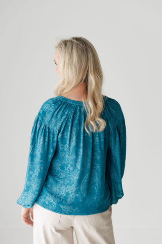 Teal Long-Sleeve Split Neck Blouse with Floral Inlaid Design