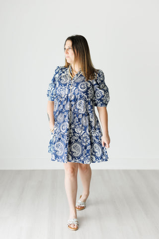 Navy and Ecru Paisley Print Babydoll Dress