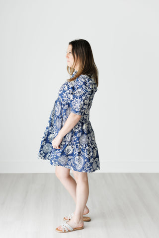 Navy and Ecru Paisley Print Babydoll Dress