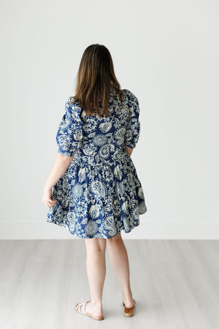 Navy and Ecru Paisley Print Babydoll Dress