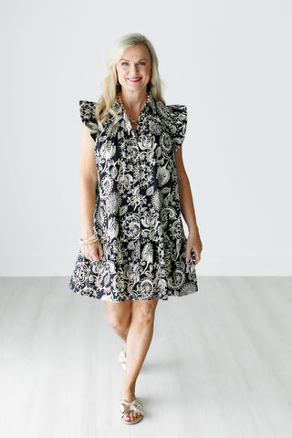 Paisley Print A-Line Button Down Collared Dress with Flutter Short Sleeves