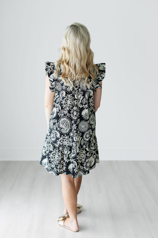 Paisley Print A-Line Button Down Collared Dress with Flutter Short Sleeves