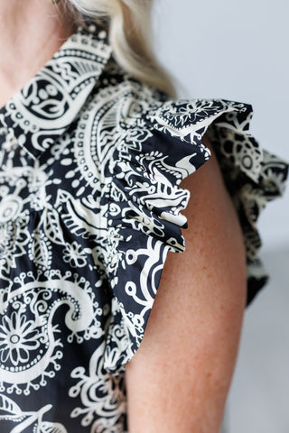 Paisley Print A-Line Button Down Collared Dress with Flutter Short Sleeves