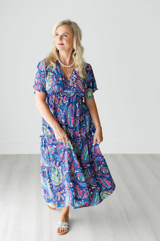 Blue Paisley Tiered Midi Dress with Plunge Neckline