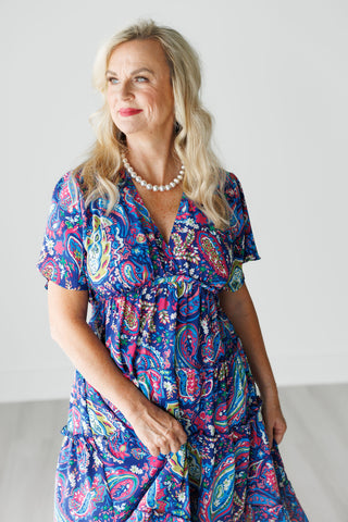 Blue Paisley Tiered Midi Dress with Plunge Neckline