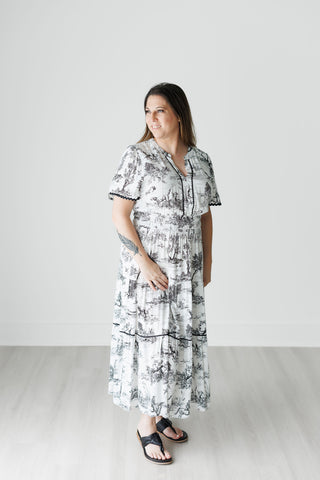 Black and White Toile Tiered Maxi Dress