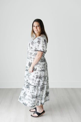 Black and White Toile Tiered Maxi Dress