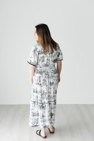 Black and White Toile Tiered Maxi Dress