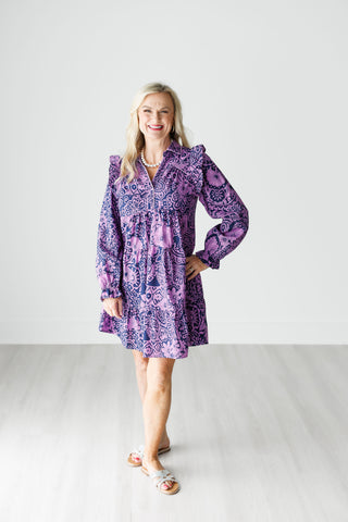 Mixed Print Flutter Ruffle Long Sleeve Dress