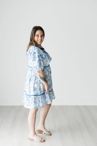 Blue and White Toile Babydoll Dress with Blue Piping Detail