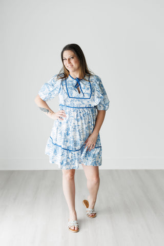 Blue and White Toile Babydoll Dress with Blue Piping Detail