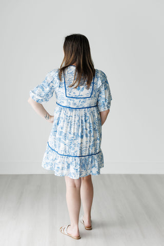 Blue and White Toile Babydoll Dress with Blue Piping Detail