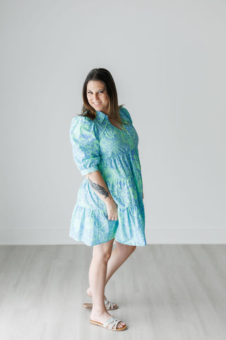 Lime and Periwinkle Floral Print Babydoll Dress