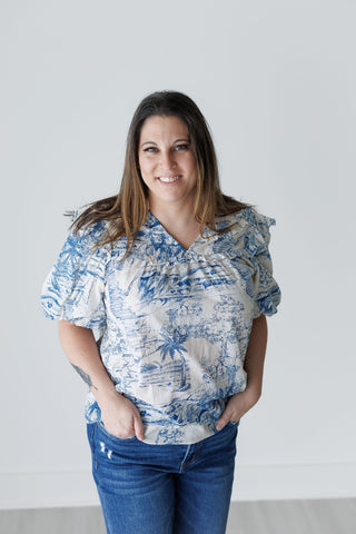 Blue and White Toile Short Sleeve Blouse