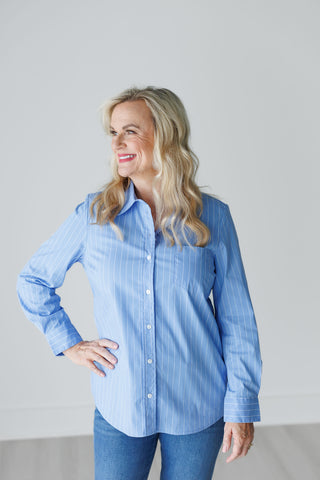 Liverpool Blue Classic Fit Button Front Striped Poplin Shirt