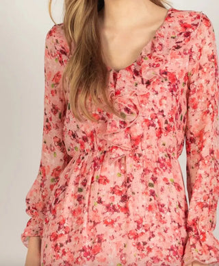Pink Floral Print Long Sleeve Ruffled Tiered Maxi Dress