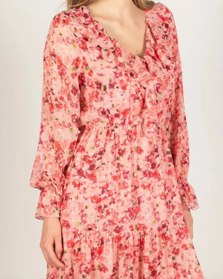 Pink Floral Print Long Sleeve Ruffled Tiered Maxi Dress