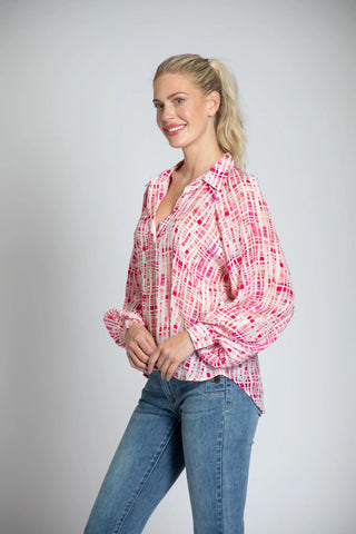 Pink V-Neck Balloon Sleeve Blouse APNY