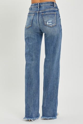 Straight Jeans - High Waist, Distressed, Fringed Hem