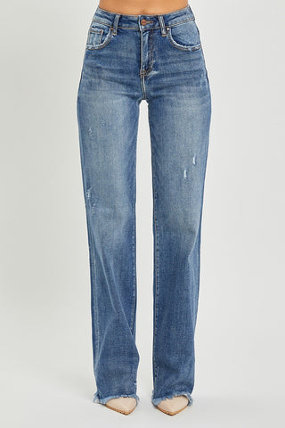 Straight Jeans - High Waist, Distressed, Fringed Hem