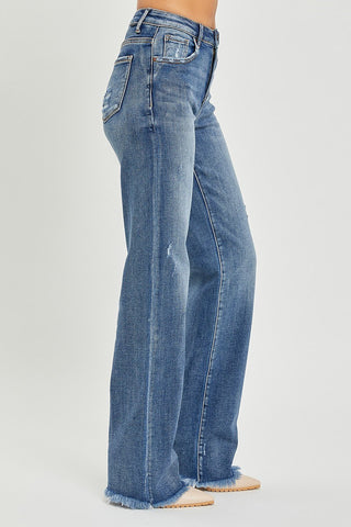 Straight Jeans - High Waist, Distressed, Fringed Hem