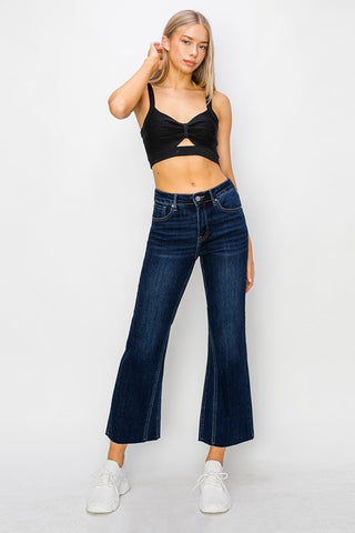 Mid Rise Leg Seam Detailed Ankle Flare Jeans - Dark Blue