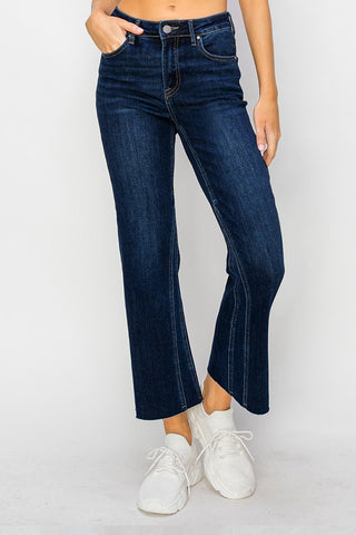 Mid Rise Leg Seam Detailed Ankle Flare Jeans - Dark Blue