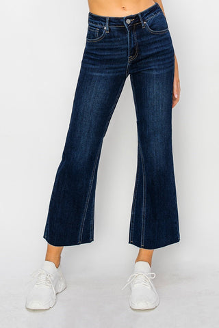 Mid Rise Leg Seam Detailed Ankle Flare Jeans - Dark Blue