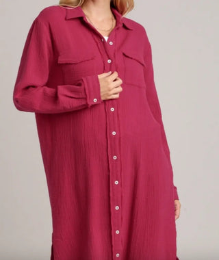 Raspberry Cotton Gauze Button Down Shirt Maxi Dress - Harlynn & Gray