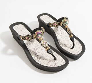 Black Jeweled Pool Sandal with Wedge Heel and Waterproof Sole