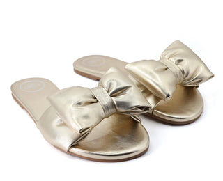 Solei Sea Rafie Gold Bow Flat Sandals
