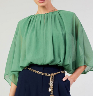 Leaf Green Dolman Sleeve Split Neck Top with Elasticized Hem