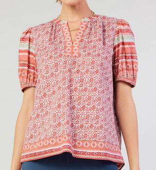 Red Pattern Split Neck Short Sleeve Border Print Top